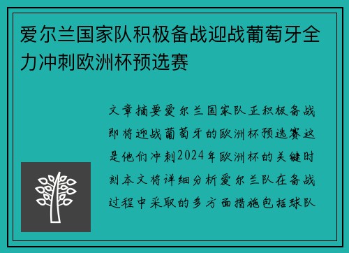 爱尔兰国家队积极备战迎战葡萄牙全力冲刺欧洲杯预选赛